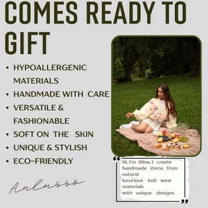 May include: A cream-colored knit cardigan featuring pink floral embellishments and buttons. The text reads: COMES READY TO GIFT, HYPOALLERGENIC MATERIALS, HANDMADE WITH CARE, VERSATILE & FASHIONABLE, SOFT ON THE SKIN, UNIQUE & STYLISH, ECO-FRIENDLY, Arlusso, Hi, I'm Alina.