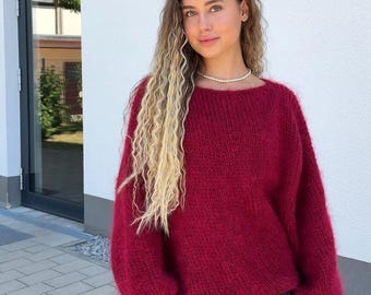 Fluffy Mohair Pullover Sweater: Handmade Oversized Burgundy Knit Pullower