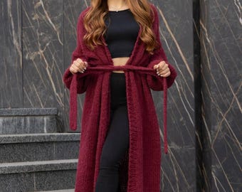 Handmade Alpaca Silk Cardigan: Long Burgundy Plus Size Knit Sweater