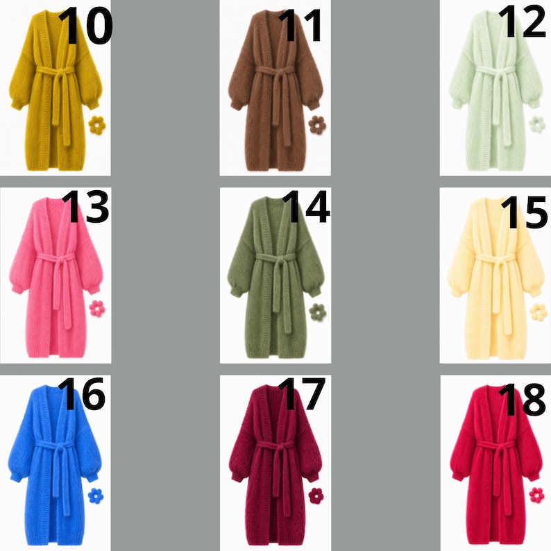 May include: A collection of nine long-sleeved, open-front knit cardigans with matching waist ties, each labeled with numbers 10 through 18. The cardigans are displayed in various solid colors including mustard, brown, light green, pink, olive, yellow, blue, burgundy, and red.