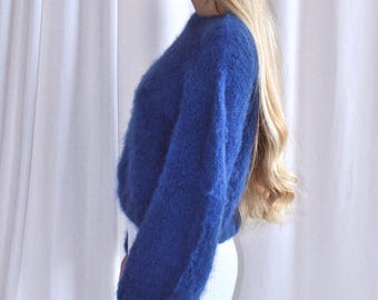 Pull en alpaga bleu fait main : pull en tricot confortable et pull en crochet flou pour femme