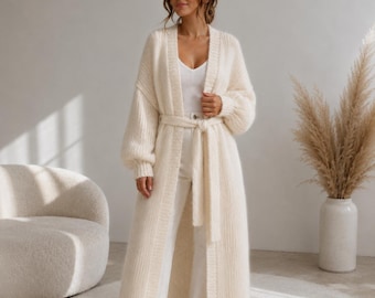 Long Alpaca Cardigan: Oversized White Knit Sweater, Handmade Crochet Cardigan