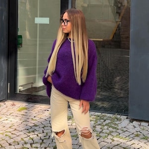 Handmade Purple Knit Sweater Soft Wool Pullover Fluffy Jumper Womens Pullover Timeless Knitwear Mohair Clothing Gift for Women Fall Sweater