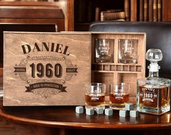 65th Birthday Gift Set, Cheers to 65 Years, Personalized Whiskey Decanter, 1960 Engraved Glass, Custom Etched Box, Gift for Him Gift for Man