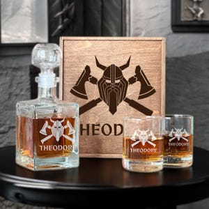 Vikings Glass Set, Yggdrasil, Viking Vegvisir Ship, Whiskey Decanter Set, Engraved Runes, Norse Culture Gift, Custom Etched Rocks Glass