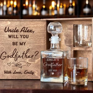 Godfather Proposal Gift, Be My Godfather Whiskey Decanter Set, Custom Engraved Box, Etched Glass, Will You Be My Padrino, Godfather Gift Set