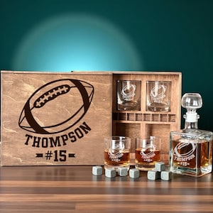 Christmas Football Bar Gift – Personalized Whiskey Decanter Set with Glasses and Wooden Box, Christmas Gift for Sports Fans