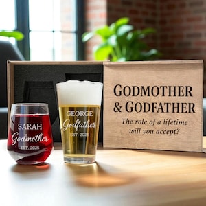 Godparents Gift Box with Wine and Beer Glasses custom engraved pint and wine set baptism proposal gift be my godparents personalized