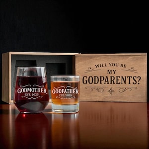 Gift for Godparents with Engraved Wine and Whiskey Glasses in Wooden Box proposal set be my godmother godfather custom personalized