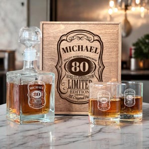 Cheers to 80 Years – Whiskey Gift Set, Custom Engraved Glasses, Wooden Box, 1945 Glass, 80th Birthday Gift for Him, Gift Box for 80 Year Old