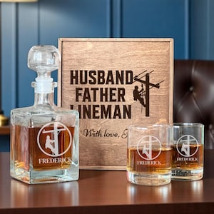 Fathers Day Lineman, Custom Lineman Gift, Whiskey Decanter, Gifts for Lineman, Lineman Dad Gift, Personalized Glass, Electric Utility Gift