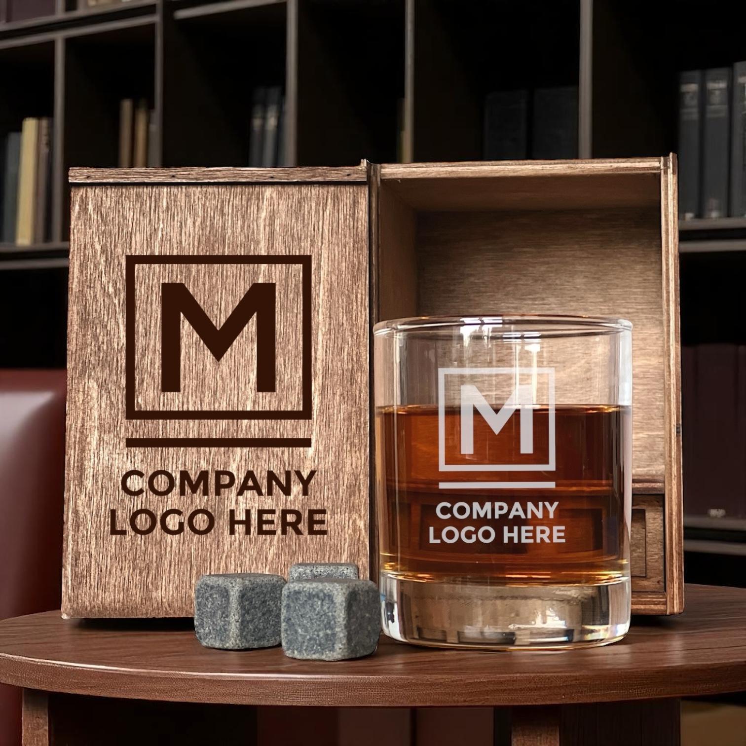 Personalized Corporate Whiskey Set – Bar Gift with Logo Glasses and Decanter – Staff or Client Appreciation Present
