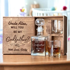 Godfather Proposal Gift - Custom Whiskey Decanter Glass Set, Etched Box, Bourbon Glass, Whiskey Stones, Will You Be My Godfather