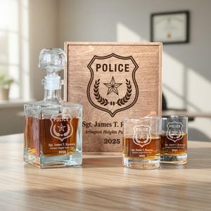 Police Whiskey Gift Set - Personalized Decanter and Glasses with Custom Badge, Ideal for Officer Retirement or Birthday Gift