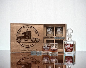 Coffret cadeau camionneur avec verres gravés et carafe, cadeau papa camionneur, cadeau mari chauffeur de camion