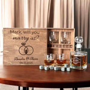 Bruiloft Officiant cadeau, vragen Officiant set, whisky karaf doos, gepersonaliseerd glas, rabbijn huwelijkscadeau, dominee bedankje