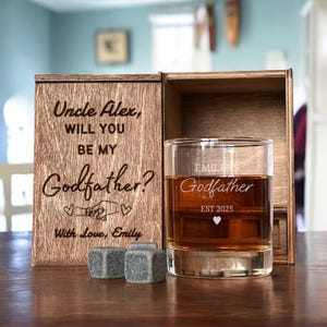 Sé mi Padrino - Caja de propuesta con vaso de whisky personalizado, set de regalo grabado, regalo de padrino, decantador de whisky personalizado, set de whisky grabado