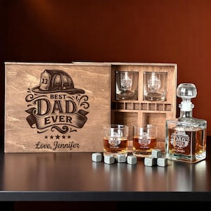 Fathers Day Gift, Whiskey Decanter Set, Custom Etched Glass, Firefighter Gift, Gift for Dad, Fireman Whiskey Gift, Personalized Glasses