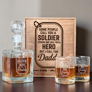 Gift for Dad, Military Gift, Engraved Rocks Glass, Whiskey Decanter Set, Veteran Army Gifts, Army Fathers Day, Deployment Gift