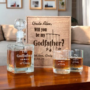 Boîte à poser parrain, carafe à whisky, verre à whisky personnalisé, coffret gravé, demande au parrain, Will You Be My Godfather, Coffret cadeau