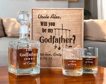 Godfather Asking Box, Whiskey Decanter, Personalized Whiskey Glass, Engraved Box Set, Asking Godfather, Will You Be My Godfather, Gift Set