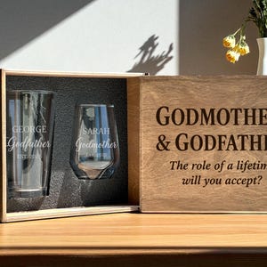 Be My Godparents Gift Box personalized wine and pint glasses engraved baptism proposal set godmother godfather custom wooden box