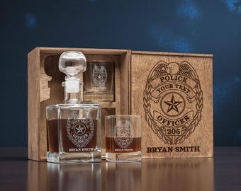 Police Whiskey Decanter Set – Gift for Police Officer, Personalized Engraved Rocks Glasses in Wooden Box, Police Badge Design