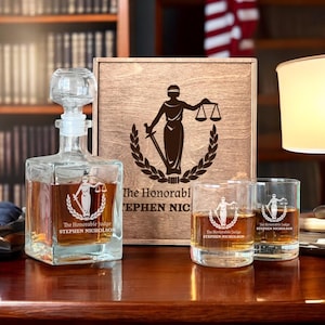 Lady of Justice Decanter Set - Custom Etched Bourbon Glass, Whiskey Stones, Attorneys Gift, Legal Professionals, Scales of Justice