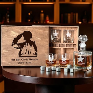 Military Whiskey Gift Set for Soldier or Veteran Custom Engraved Army Decanter Box with Rocks Glass Personalized Bar Gift