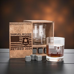 Police Retirement Gift – Whiskey Decanter Set in Custom Wooden Box with Engraved Rocks Glasses for Law Enforcement