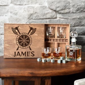Viking Whiskey Decanter Set, Etched Yggdrasil, Custom Rocks Glass, Viking Fan Gift, Norse Runes, Viking Compass, Personalized Glass