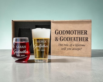 Personalized Godmother - Godfather Proposal Glasses in the Wood Box, Will you be my Godparents Box
