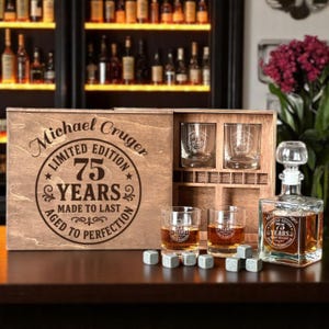 Gift for 75 Year Old, 75th Birthday Gift, Whiskey Decanter, Cheers to 75 Years, 1950 Whiskey Glass, 75th Gift for Him, Gift for Grandfather