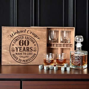 Set de 60 cumpleaños, decantador de whisky, caja de regalo de whisky, vaso grabado personalizado, vaso de whisky de 1965, regalo para 60 años, vaso personalizado
