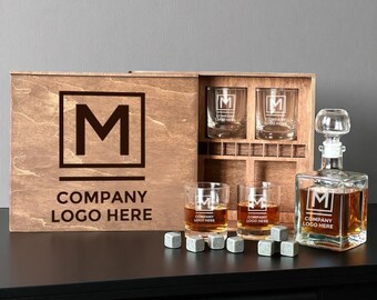 Corporate Barware Gift – Custom Whiskey Decanter with Logo – Executive Glass Set for Client, Staff or Business Partner