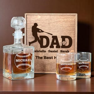 Baseball Gift for Husband, Gift for Grandpa, Whiskey Decanter Set, Etched Whiskey Glass, Softball Gifts, Custom Baseball Gift