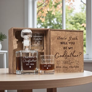 Godfather Proposal Box with Custom Whiskey Glasses and Personalized Whiskey Decanter in Wooden Box, Padrino Asking Glass Gift