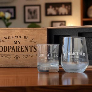 Be My Godparents Proposal Gift Box personalized whiskey glass wine glass engraved wooden set gift for godfather godmother custom
