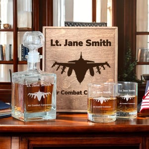 Air Force Retirement Gift - Personalized Etched Decanter, Custom Glass, Military Veterans, Fighter Pilot, Helicopter Pilot, Going Away Gift