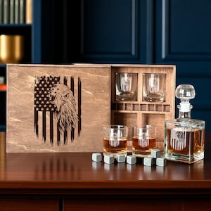 Personalized Patriotic Whiskey Gift – Flag Decanter and Glasses Set – Veteran or Independence Day Gift for Him