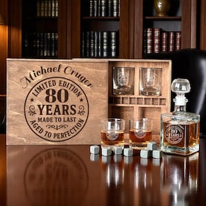 Gift for 80 Year Old, 80th Birthday Gift, Whiskey Decanter Set, 80th Gift for Him, Personalized Glasses, Gift for Grandfather, Etched Glass