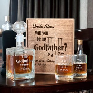 Coffret proposition parrain - carafe à whisky personnalisée, verre personnalisé, coffret gravé, cadeau pour demander à votre parrain, Will You Be My Godfather