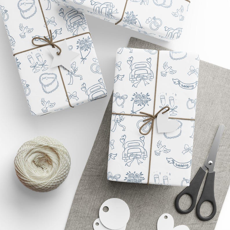 Something Blue For Bride Wedding Wrapping Paper | Engagement Gift, Bridal Shower, Bride to Be Gift, Engaged Gift, Hand drawn Illustration image 1