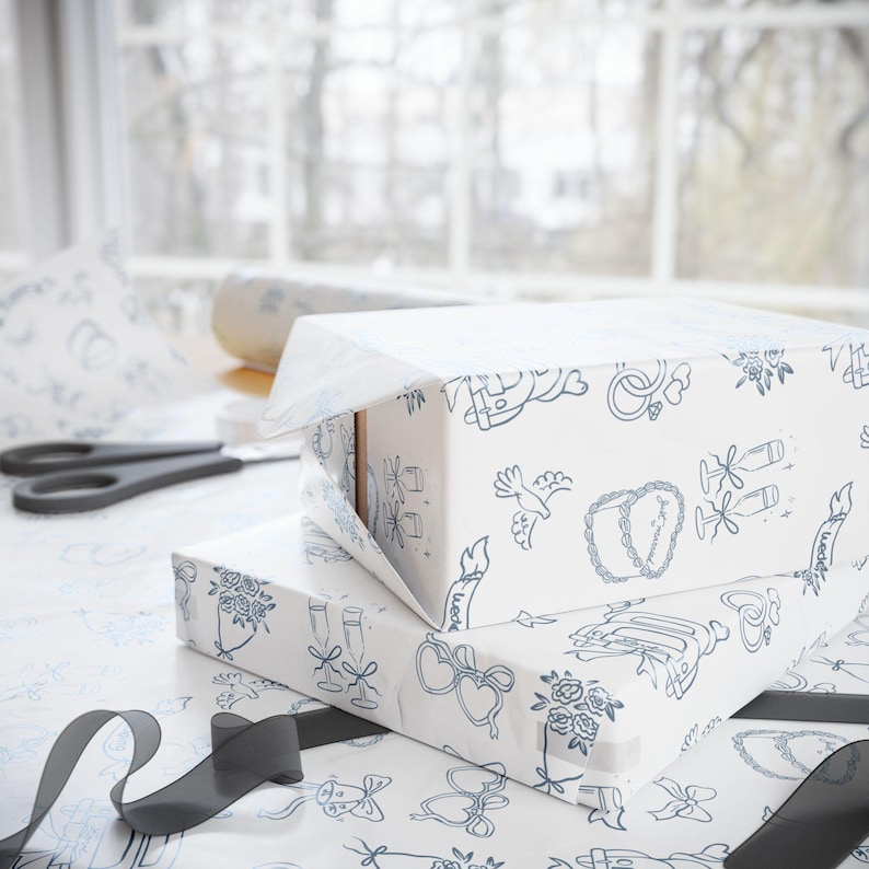 Something Blue For Bride Wedding Wrapping Paper | Engagement Gift, Bridal Shower, Bride to Be Gift, Engaged Gift, Hand drawn Illustration image 3