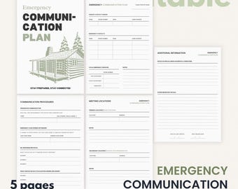 May include: Printable emergency communication plan with a cabin illustration. The plan includes sections for primary contact, emergency contacts, local emergency services, meeting locations, and additional information.