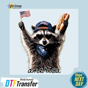 Raccoon America 4th of July DTF Transfer, USA Flag Hot Dog Funny Animal, Independence Day Heat Press Iron On for Shirt, Ready to Press