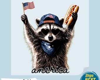 May include: A raccoon wearing heart-shaped sunglasses, a blue bandana with stars, and a baseball cap with an American flag design. The raccoon holds a hot dog and an American flag. The word "america" is written in cursive.