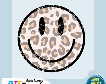 Leopard Smiley Face DTF Transfer: Retro Vintage Style
