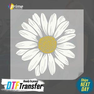 May include: White daisy flower iron-on transfer design with a yellow center.  Ready to press DTF Transfer.