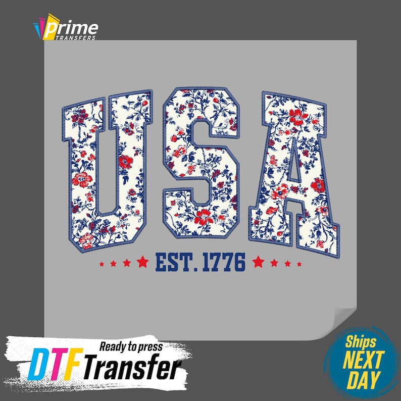 Floral Usa DTF Transfers, 4th Of July Ready To Press, Heat Press DTF, America 1776 Print, Gift For American DTF Transfer, Retro America Dtf
